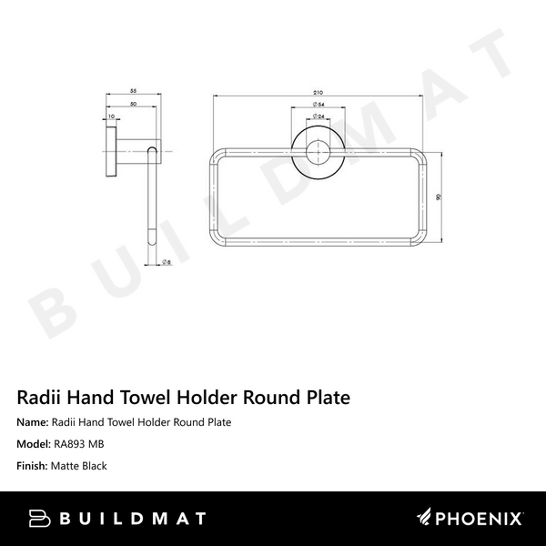 Phoenix Radii Hand Towel Holder Round Plate Matte Black