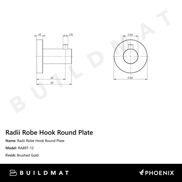 Phoenix Radii Robe Hook Round Plate Brushed Gold