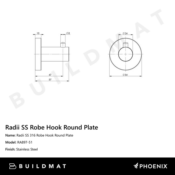 Phoenix Radii SS 316 Robe Hook Round Plate Stainless Steel