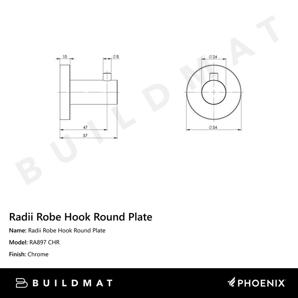 Phoenix Radii Robe Hook Round Plate Chrome