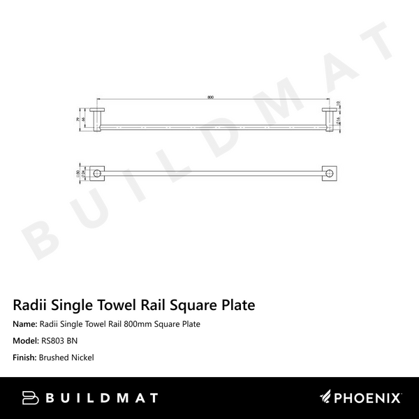 Phoenix Radii Single Towel Rail 800mm Square Plate Brushed Nickel
