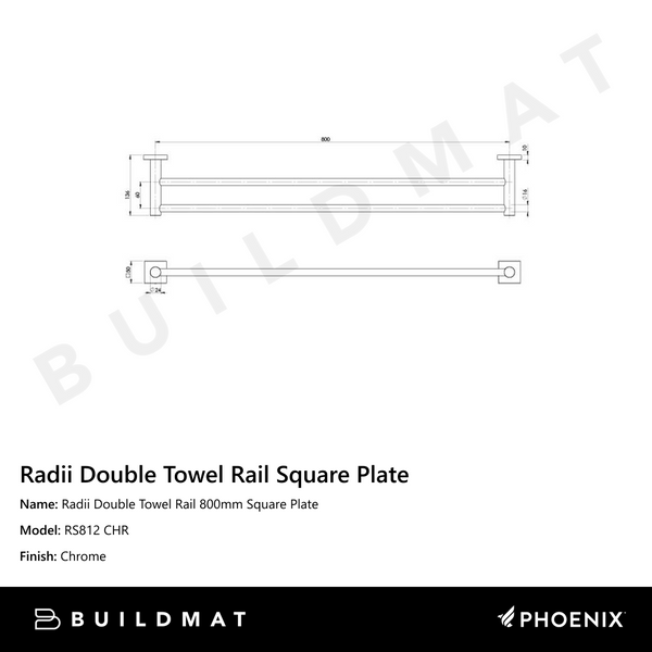 Phoenix Radii Double Towel Rail 800mm Square Plate Chrome