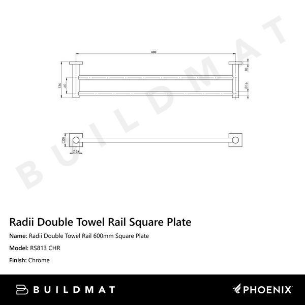 Phoenix Radii Double Towel Rail 600mm Square Plate Chrome