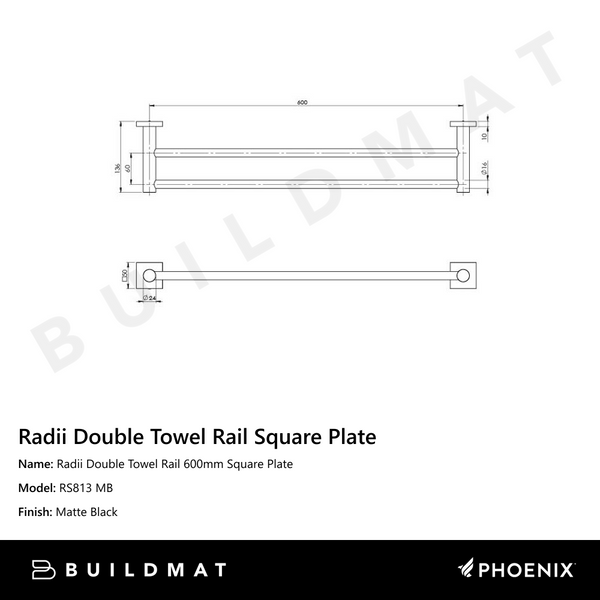 Phoenix Radii Double Towel Rail 600mm Square Plate Matte Black