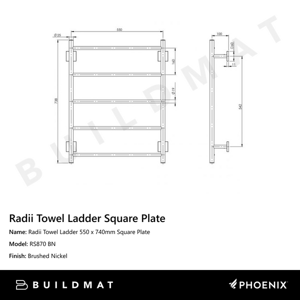 Phoenix Radii Towel Ladder 550 x 740mm Square Plate Brushed Nickel
