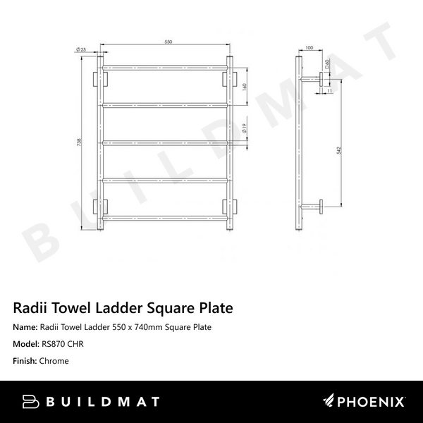 Phoenix Radii Towel Ladder 550 x 740mm Square Plate Chrome