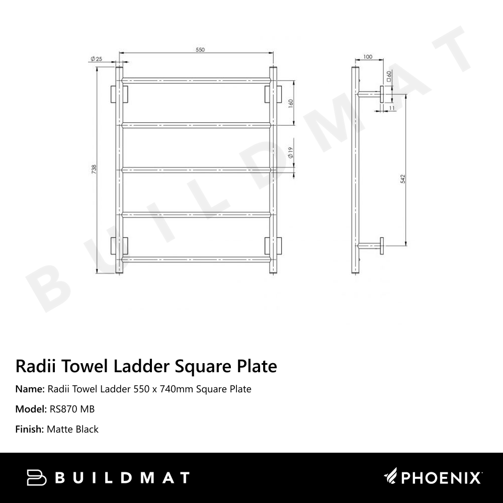 Phoenix Radii Towel Ladder 550 x 740mm Square Plate Matte Black Buildmat