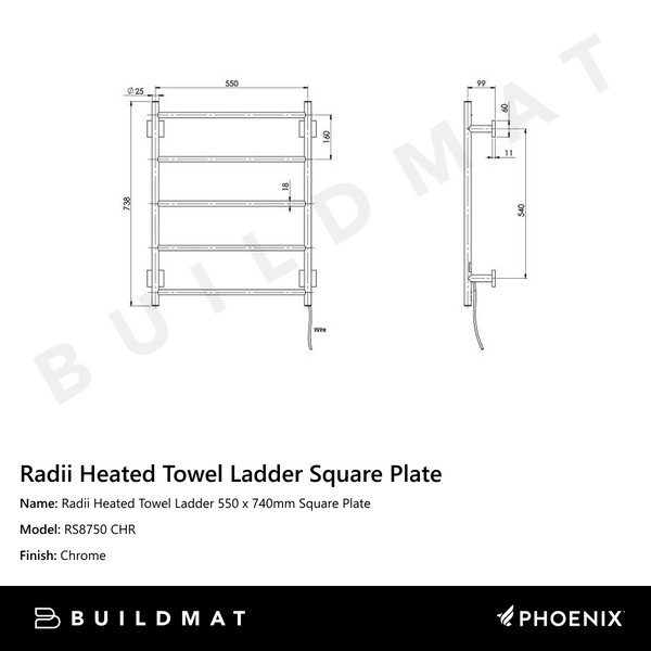 Phoenix Radii Heated Towel Ladder 550 x 740mm Square Plate Chrome