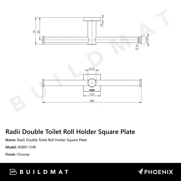 Phoenix Radii Double Toilet Roll Holder Square Plate Chrome