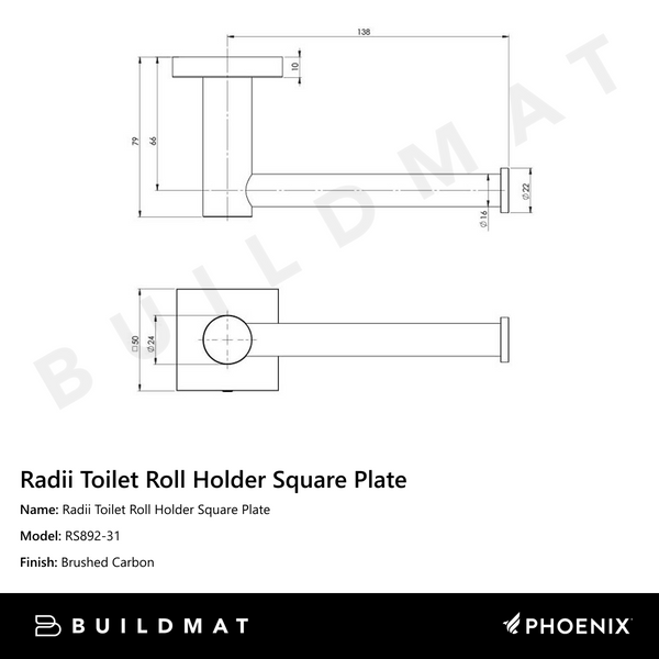 Phoenix Radii Toilet Roll Holder Square Plate Brushed Carbon