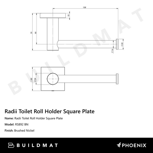 Phoenix Radii Toilet Roll Holder Square Plate Brushed Nickel