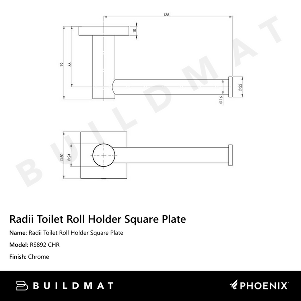 Phoenix Radii Toilet Roll Holder Square Plate Chrome