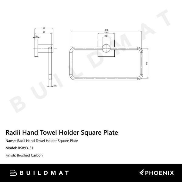 Phoenix Radii Hand Towel Holder Square Plate Brushed Carbon