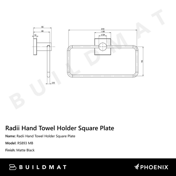 Phoenix Radii Hand Towel Holder Square Plate Matte Black