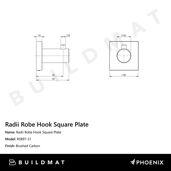 Phoenix Radii Robe Hook Square Plate Brushed Carbon