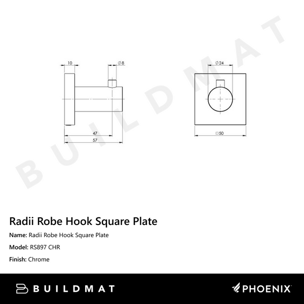Phoenix Radii Robe Hook Square Plate Chrome