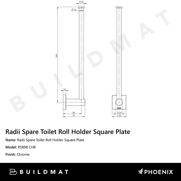 Phoenix Radii Spare Toilet Roll Holder Square Plate Chrome