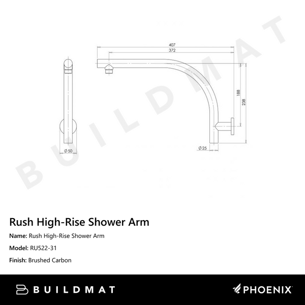 Phoenix Rush High-Rise Shower Arm Brushed Carbon