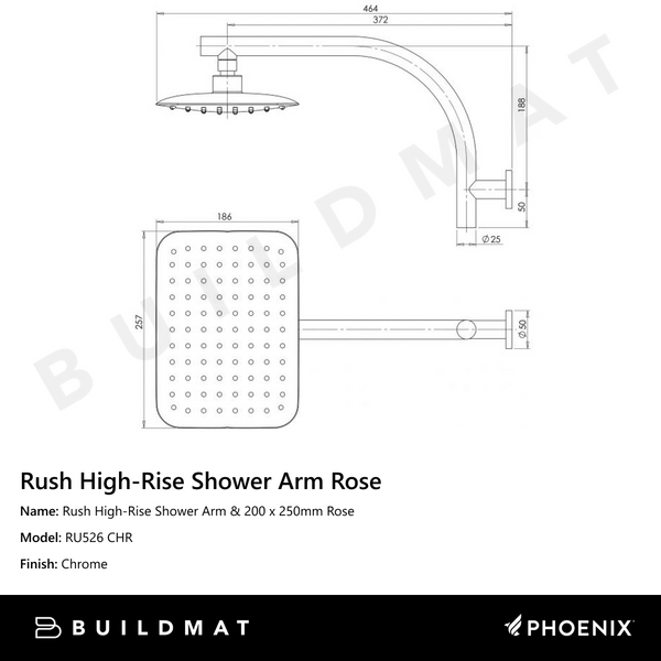 Phoenix Rush High-Rise Shower Arm & 200 x 250mm Rose Chrome