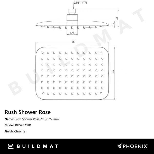 Phoenix Rush Shower Rose 200 x 250mm Chrome