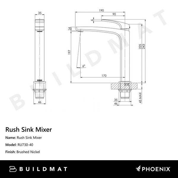 Phoenix Rush Sink Mixer 190mm Brushed Nickel
