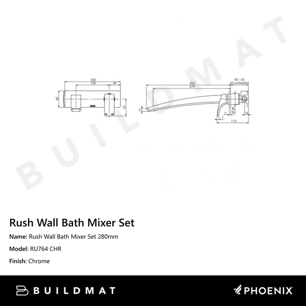 Phoenix Rush Wall Bath Mixer Set 280mm Chrome