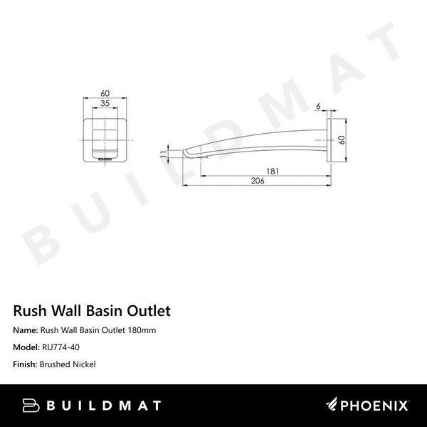 Phoenix Rush Wall Basin Outlet 180mm Brushed Nickel