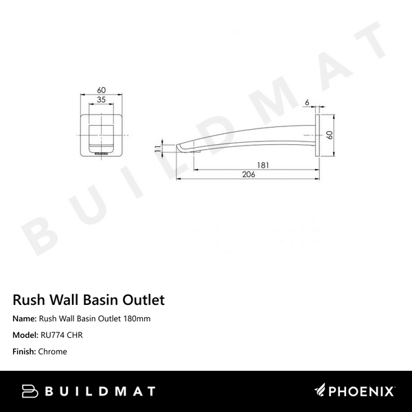 Phoenix Rush Wall Basin Outlet 180mm Chrome