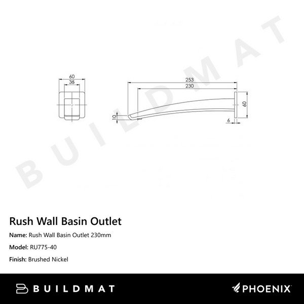Phoenix Rush Wall Basin Outlet 230mm Brushed Nickel