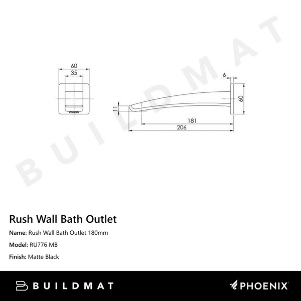 Phoenix Rush Wall Bath Outlet 180mm Matte Black