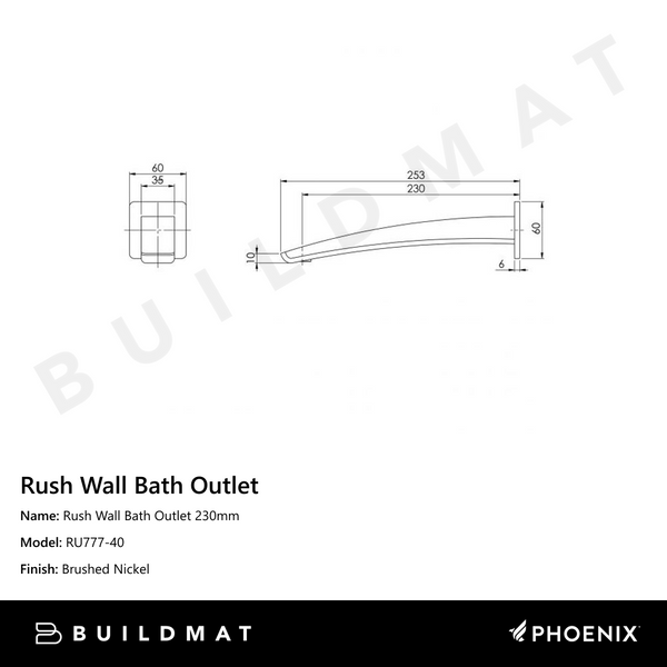 Phoenix Rush Wall Bath Outlet 230mm Brushed Nickel