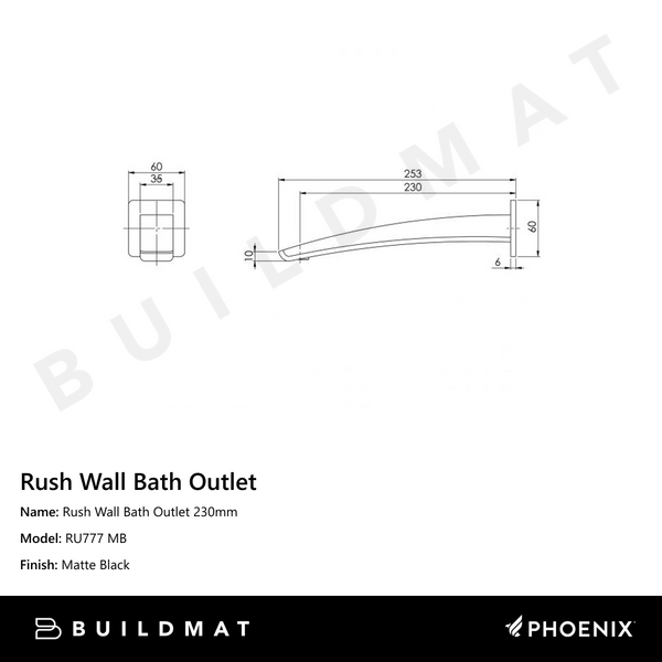 Phoenix Rush Wall Bath Outlet 230mm Matte Black