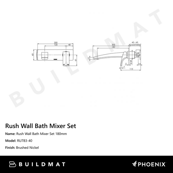 Phoenix Rush Wall Bath Mixer Set 180mm Brushed Nickel