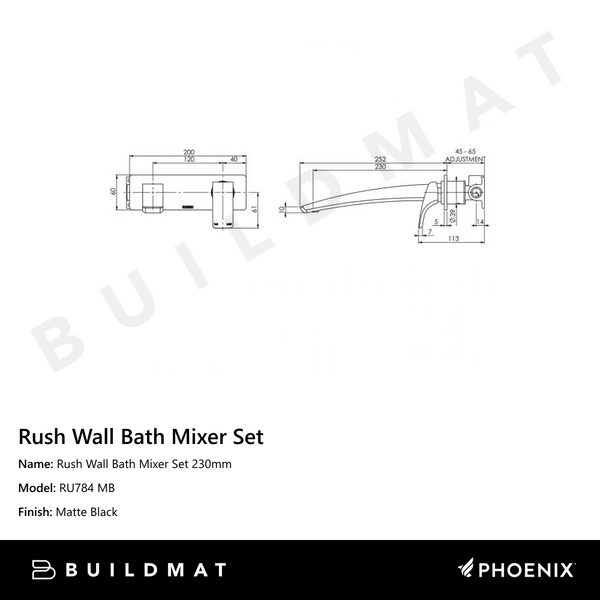 Phoenix Rush Wall Bath Mixer Set 230mm Matte Black