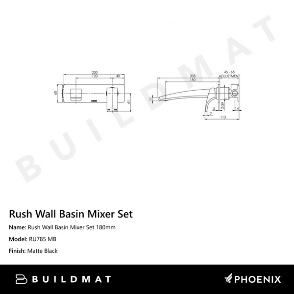 Phoenix Rush Wall Basin Mixer Set 180mm Matte Black