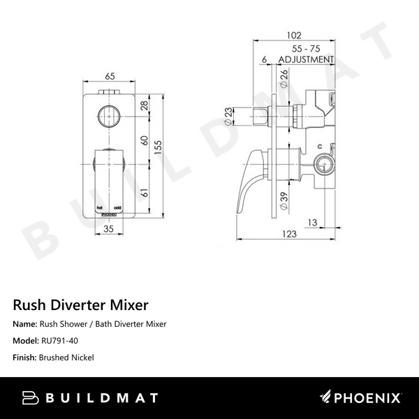 Phoenix Rush Shower / Bath Diverter Mixer Brushed Nickel