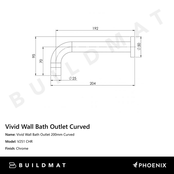 Phoenix Vivid Wall Bath Outlet 200mm Curved Chrome