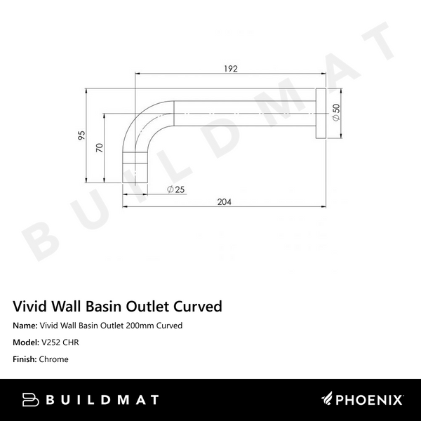 Phoenix Vivid Wall Basin Outlet 200mm Curved Chrome