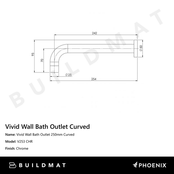 Phoenix Vivid Wall Bath Outlet 250mm Curved Chrome