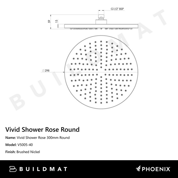 Phoenix Vivid Shower Rose 300mm Round Brushed Nickel