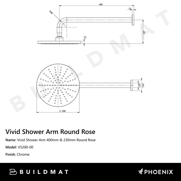 Phoenix Vivid Shower Arm 400mm & 230mm Round Rose Chrome