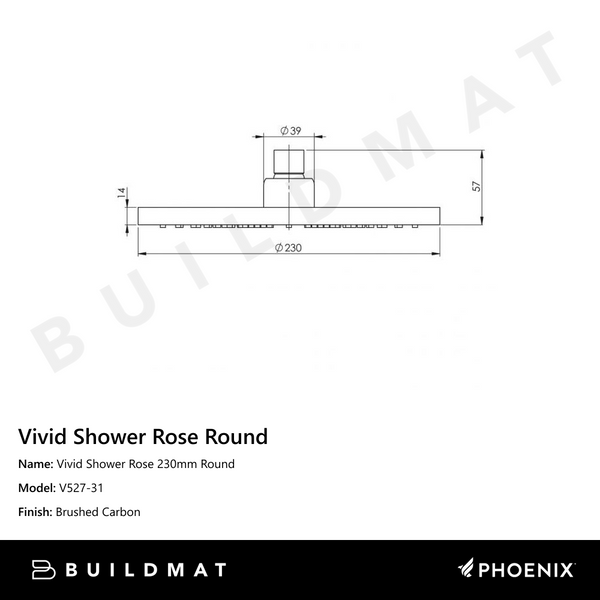 Phoenix Vivid Shower Rose 230mm Round Brushed Carbon