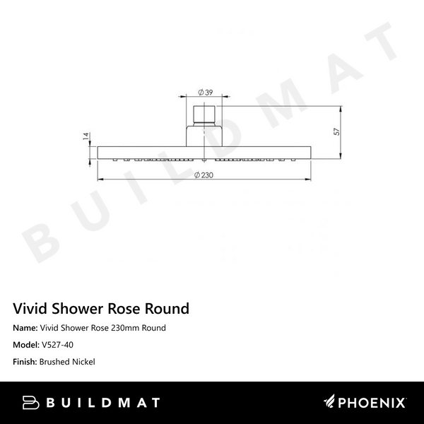 Phoenix Vivid Shower Rose 230mm Round Brushed Nickel