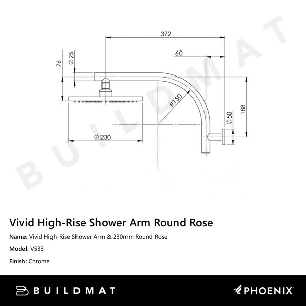 Phoenix Vivid High-Rise Shower Arm & 230mm Round Rose Chrome