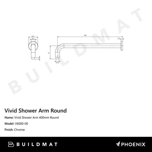 Phoenix Vivid Shower Arm 400mm Round Chrome