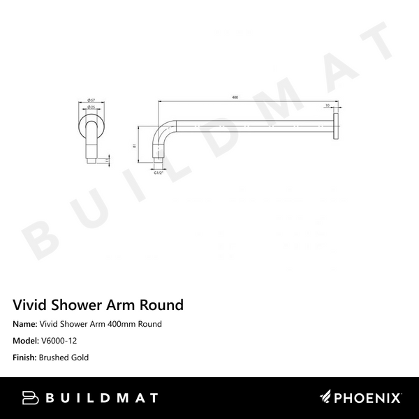 Phoenix Vivid Shower Arm 400mm Round Brushed Gold