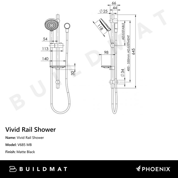 Phoenix Vivid Rail Shower Matte Black