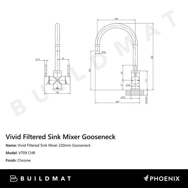 Phoenix Vivid Filtered Sink Mixer 220mm Gooseneck Chrome