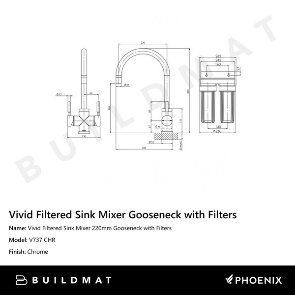 Phoenix Vivid Filtered Sink Mixer 220mm Gooseneck with Filters Chrome