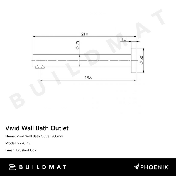 Phoenix Vivid Wall Bath Outlet 200mm Brushed Gold